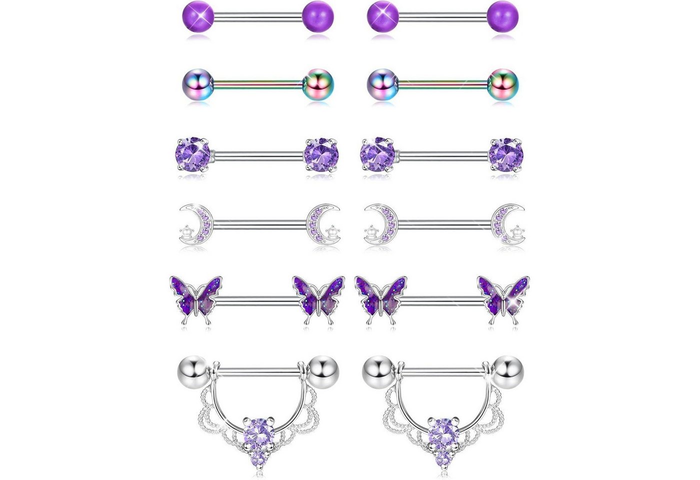 LuxusKollektion Brustwarzenpiercing-Set Brustwarzenpiercing 6 Paare 14G Chirurgenstahl Gold Damen Lila von LuxusKollektion
