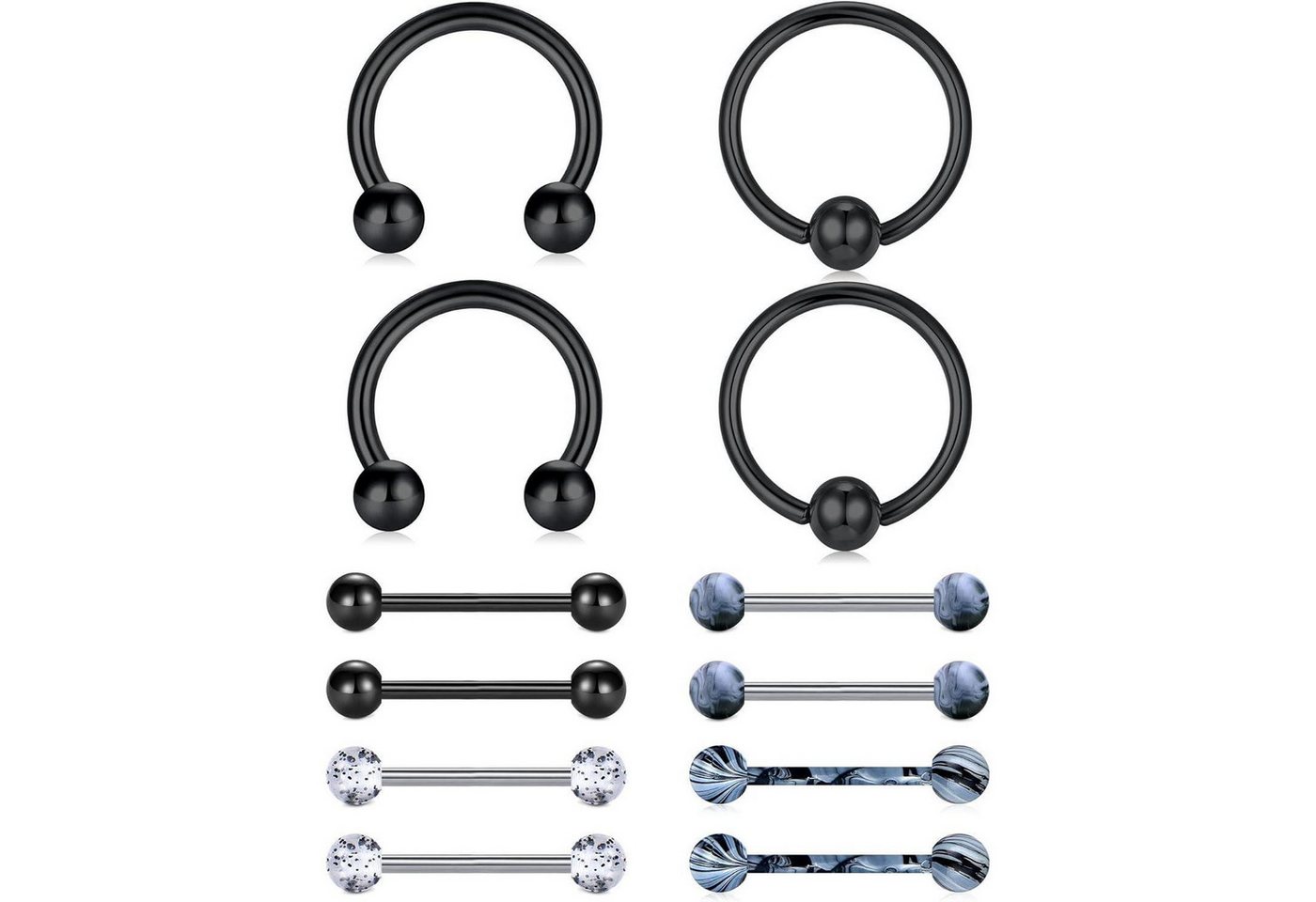LuxusKollektion Brustwarzenpiercing-Set Brustwarzenpiercing Edelstahl Barbell Herz Silber 6 Paar Schwarz von LuxusKollektion