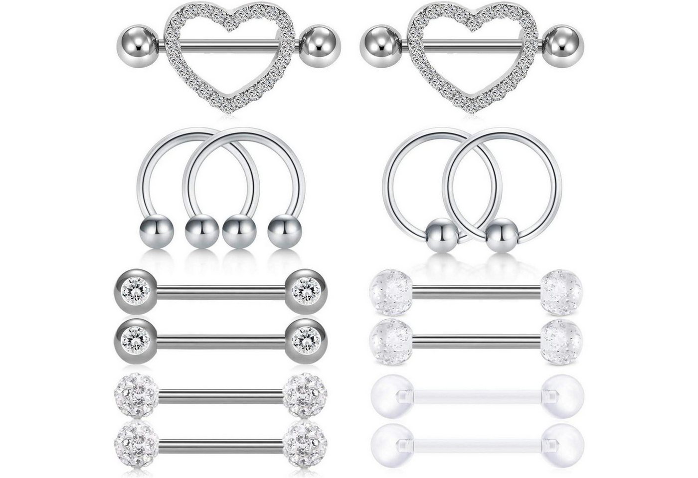 LuxusKollektion Brustwarzenpiercing-Set Brustwarzenpiercing Stahl 14G Zirkonia Herz Ring 14pcs-silber von LuxusKollektion