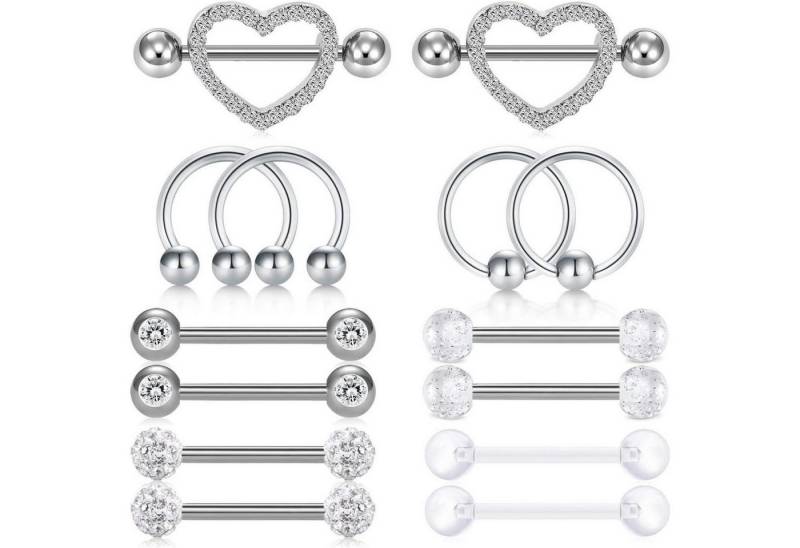 LuxusKollektion Brustwarzenpiercing-Set Brustwarzenpiercing Stahl 14G Zirkonia Herz Ring 14pcs-silber von LuxusKollektion