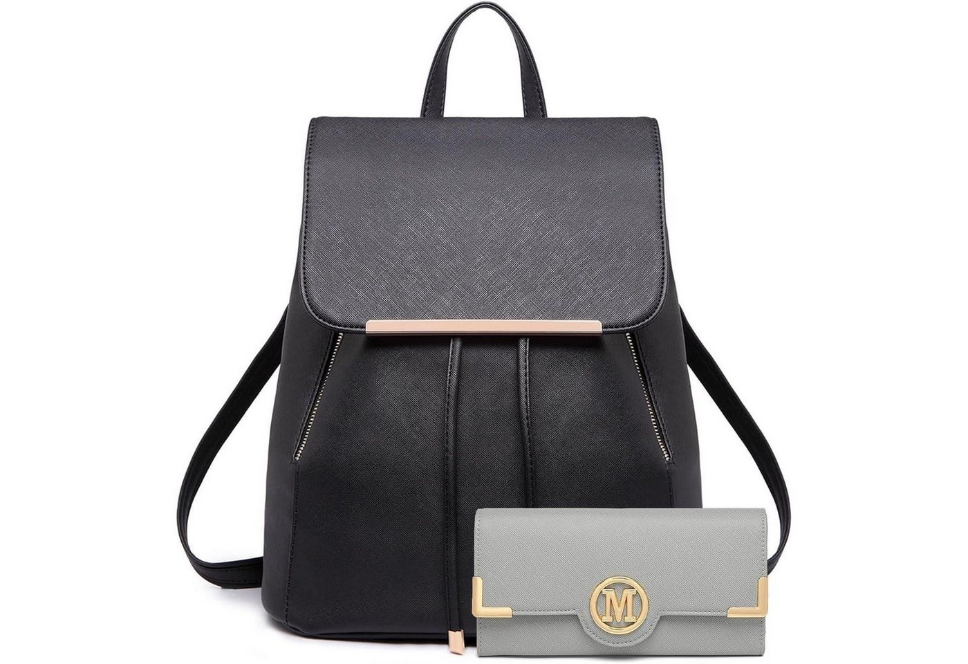 LuxusKollektion Cityrucksack Rucksack Damen Kunstleder Rolltop 2-2 Schwarz-mit Grau Geldbörse von LuxusKollektion