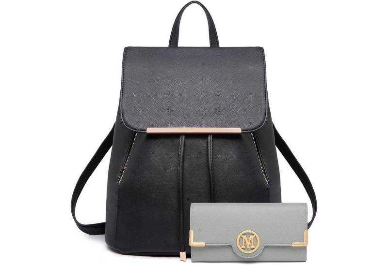 LuxusKollektion Cityrucksack Rucksack Damen Kunstleder Rolltop 2-2 Schwarz-mit Grau Geldbörse von LuxusKollektion