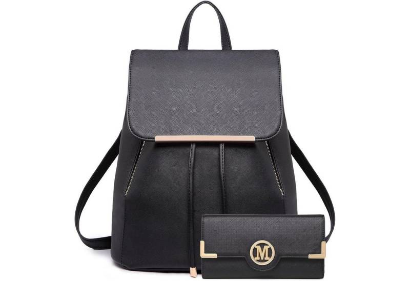 LuxusKollektion Cityrucksack Rucksack Damen Kunstleder Rolltop Tunnelzug Schwarz-set mit Geldbörsen von LuxusKollektion