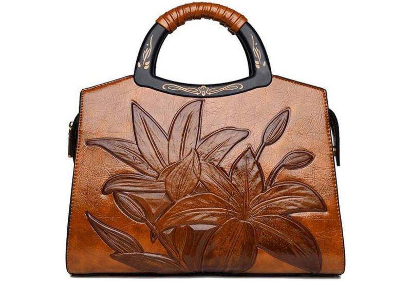 LuxusKollektion Handtasche Damen Handtasche Blumenprägung Holz Henkel Umhängetasche Schwarz von LuxusKollektion