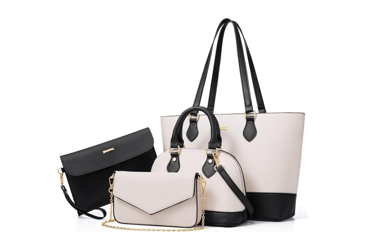 LuxusKollektion Handtasche Damen Handtaschen Set 4-teilig Büro Schule Reise Geschenk weiß-schwarz von LuxusKollektion