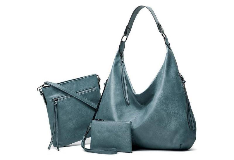 LuxusKollektion Handtasche Handtasche Damen Leder Set Geldbörse Shopper Hobo Groß Blau von LuxusKollektion