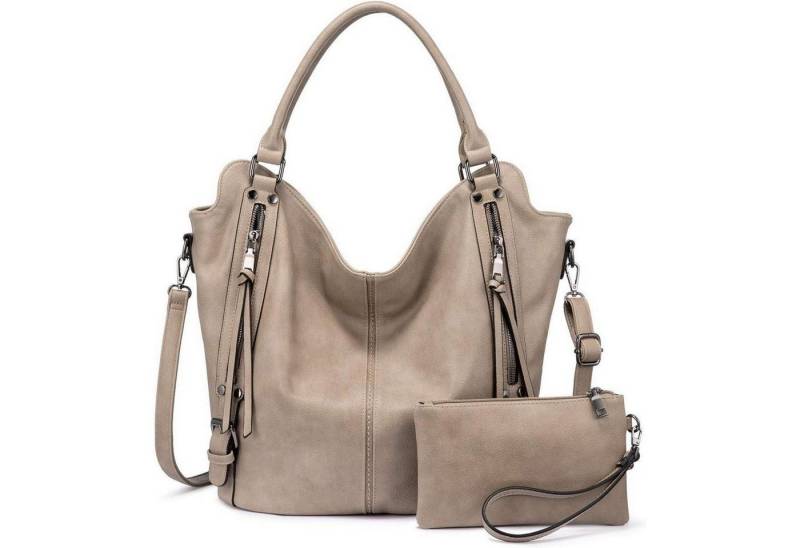 LuxusKollektion Handtasche Realer Damen Handtasche Leder Schultertasche Shopper Khaki 2-teiliges von LuxusKollektion