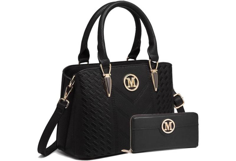 LuxusKollektion Henkeltasche Handtasche Damen PU Leder Lychee Muster 2-1 Schwarz mit Geldbörse von LuxusKollektion