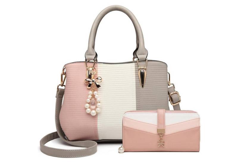 LuxusKollektion Henkeltasche Handtasche Henkeltasche Damen PU Leder Perle Grau Geldbörse Set von LuxusKollektion