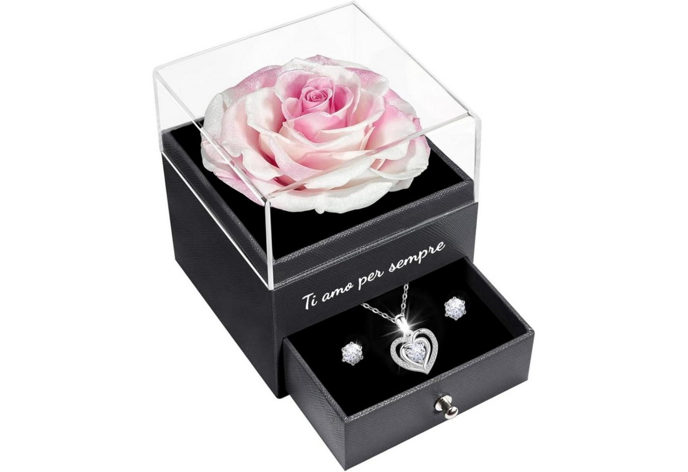 LuxusKollektion Kette und Anhänger Set Ewige Konservierte Rose mit Halskette und Ohrringen Weiß Rosa von LuxusKollektion