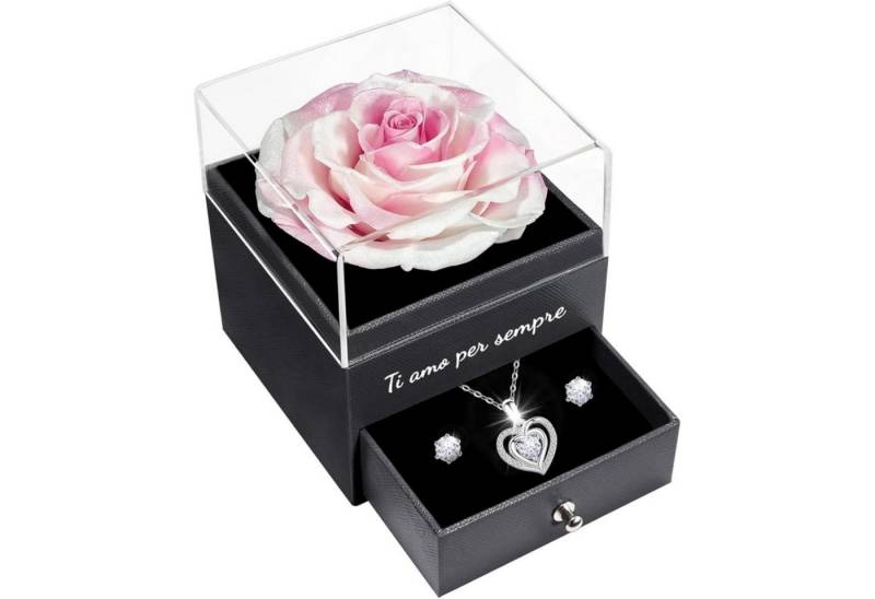 LuxusKollektion Kette und Anhänger Set Ewige Konservierte Rose mit Halskette und Ohrringen Weiß Rosa von LuxusKollektion