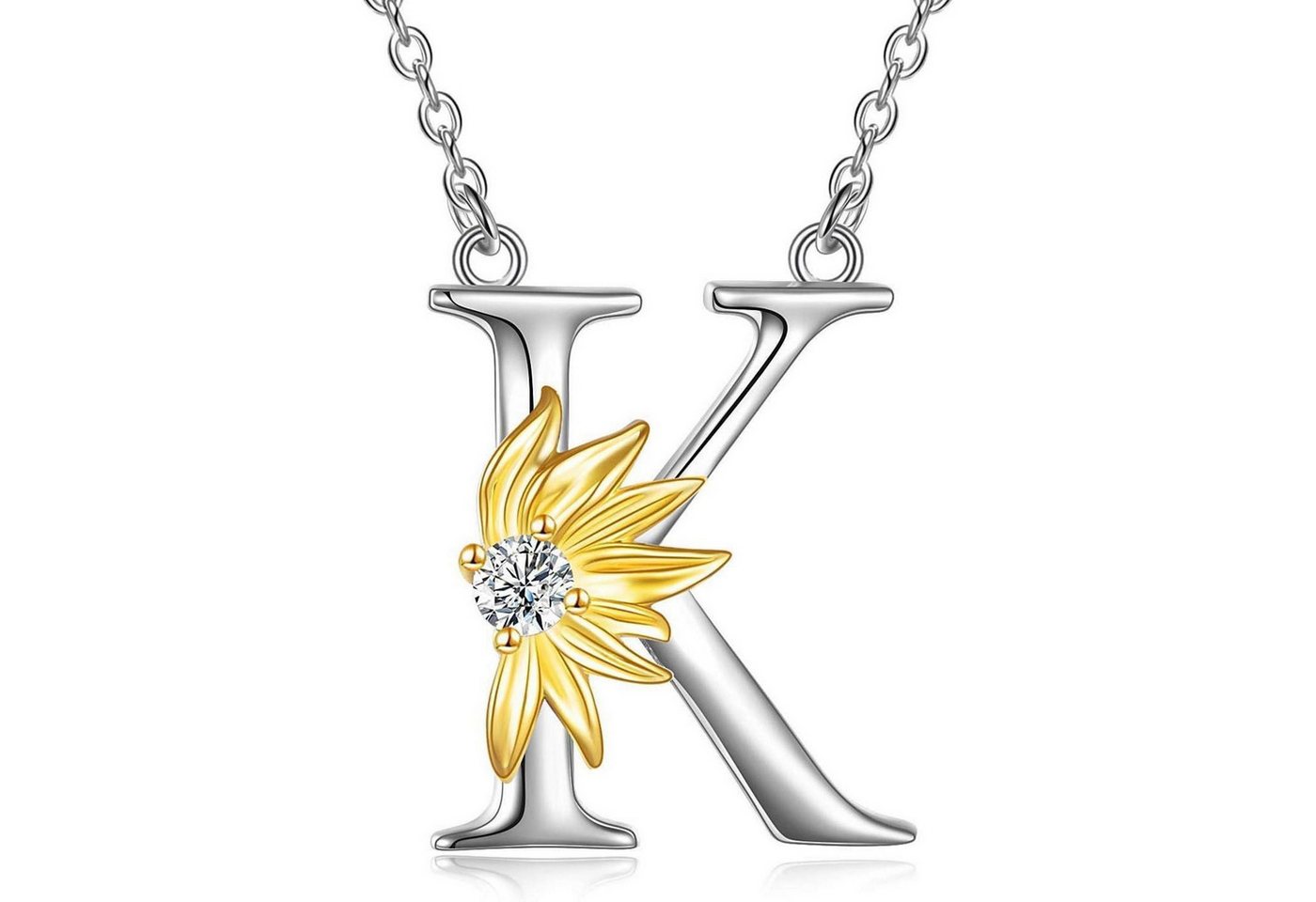 LuxusKollektion Kette und Anhänger Set Halskette 925 Silber Sonnenblume Anhänger Initial Buchstabe K von LuxusKollektion