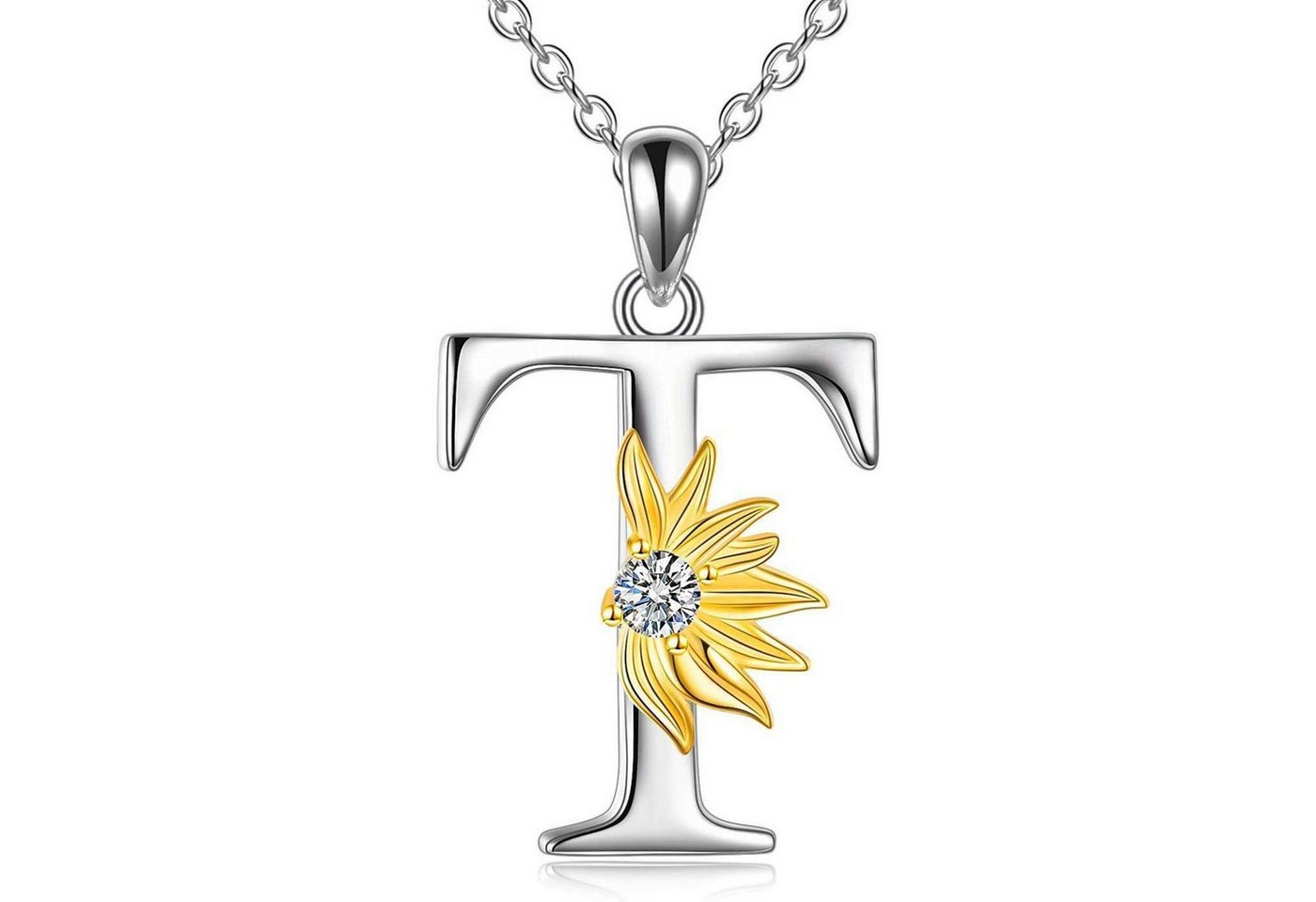 LuxusKollektion Kette und Anhänger Set Halskette 925 Sterling Silber Sonnenblume Anhänger Initial T von LuxusKollektion