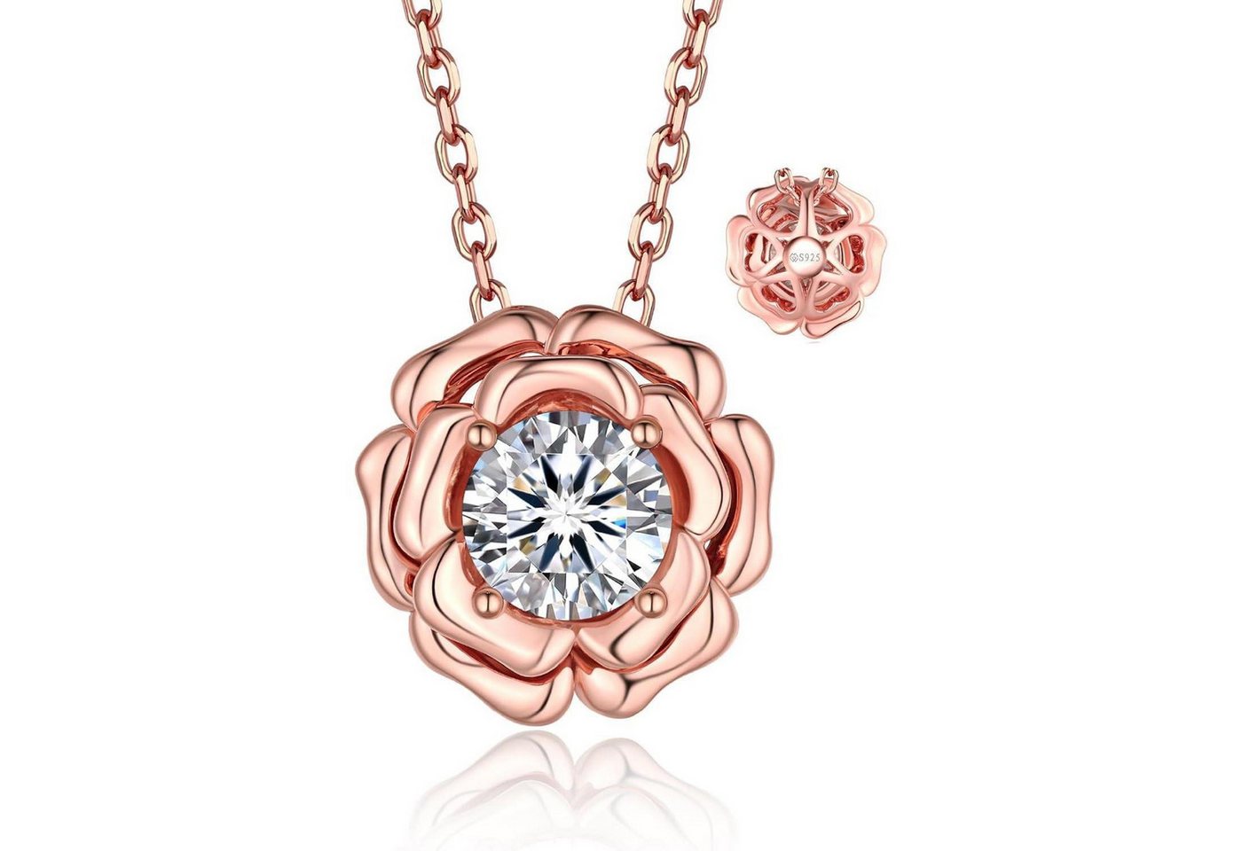 LuxusKollektion Kette und Anhänger Set Halskette Damen 1 Karat Moissanite Herz Silber 925 Rosegold Blumen von LuxusKollektion