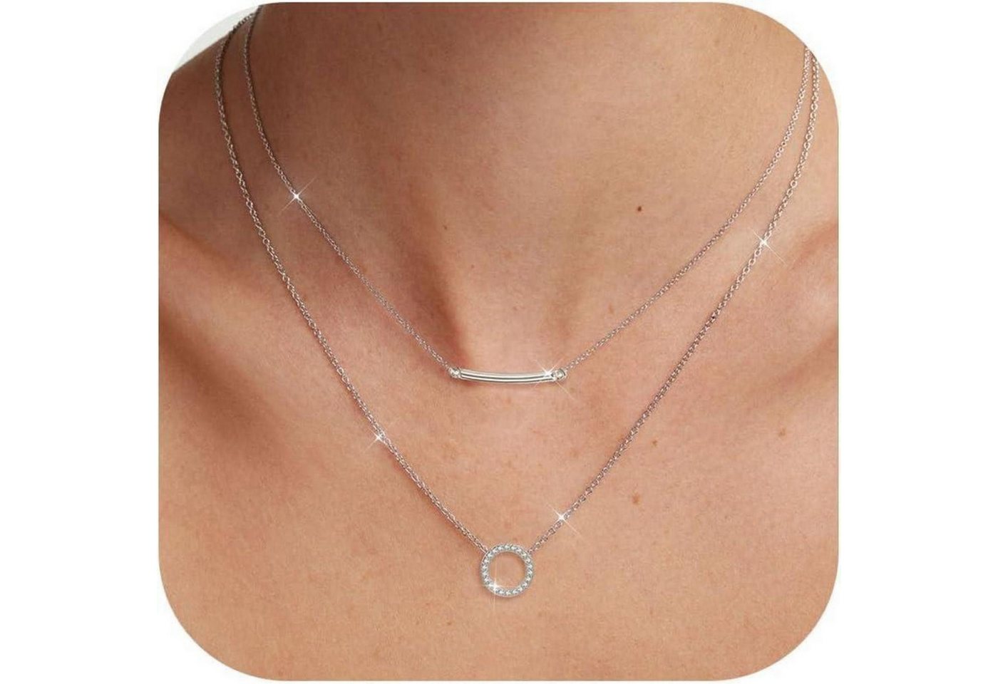 LuxusKollektion Kette und Anhänger Set Halskette Damen Layering 14K vergoldet Goldkette Zirkon runde Silber von LuxusKollektion