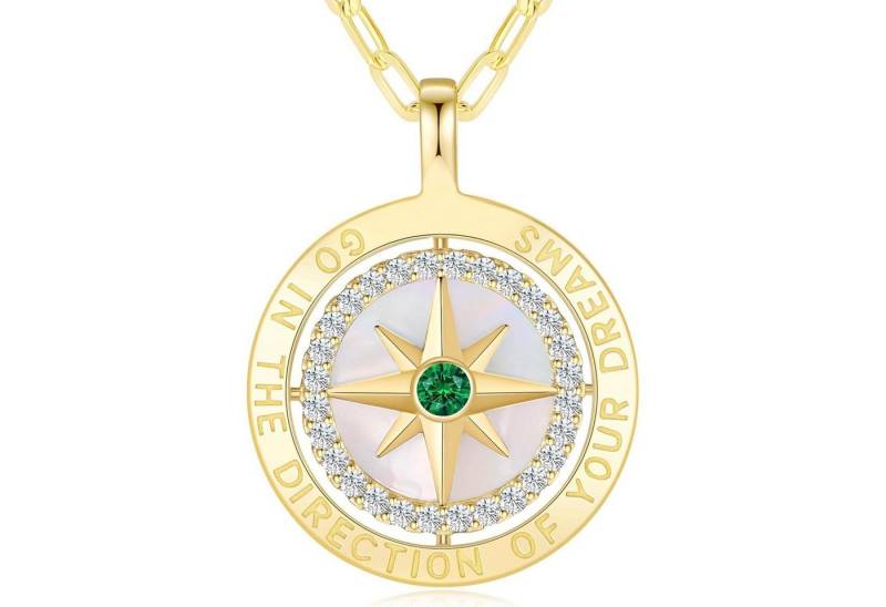 LuxusKollektion Kette und Anhänger Set Halskette Damen Silber 925 Kompass Anhänger Zirkon Vergoldet 05 Mai von LuxusKollektion