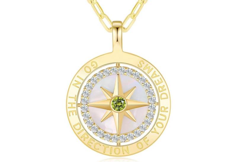 LuxusKollektion Kette und Anhänger Set Halskette Damen Silber 925 Kompass Anhänger Zirkon Vergoldet 08 Aug von LuxusKollektion