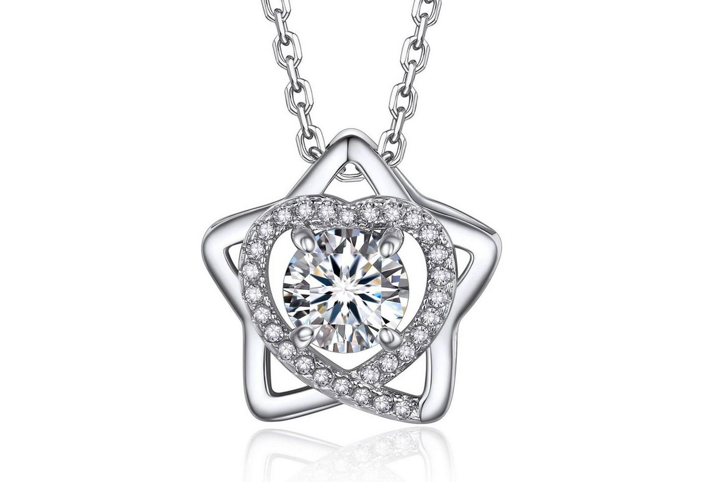 LuxusKollektion Kette und Anhänger Set Halskette Damen Silber 925 Moissanite Halbkarat Solitär 4 Herz Stern von LuxusKollektion