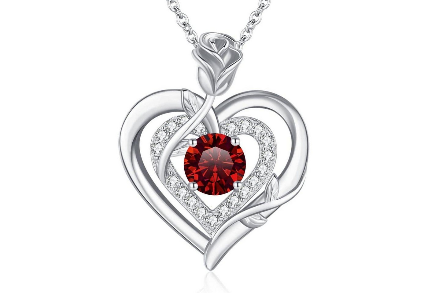 LuxusKollektion Kette und Anhänger Set Halskette Moissanite Damen 925 Silber Doppel Silber-01-Januar-Granat von LuxusKollektion