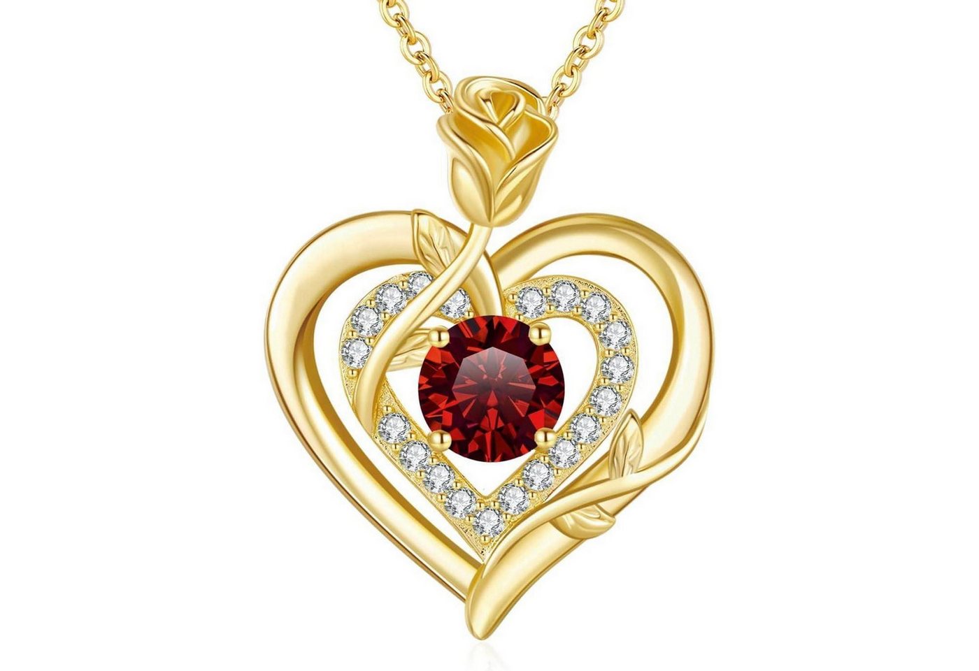 LuxusKollektion Kette und Anhänger Set Halskette Moissanite Damen Silber 925 Doppelherz Gold-01-Januar-Granat von LuxusKollektion