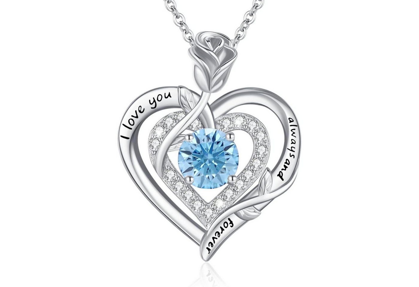 LuxusKollektion Kette und Anhänger Set Halskette Moissanite Damen Silber Silber-Gravur-03-März-Aquamarin von LuxusKollektion