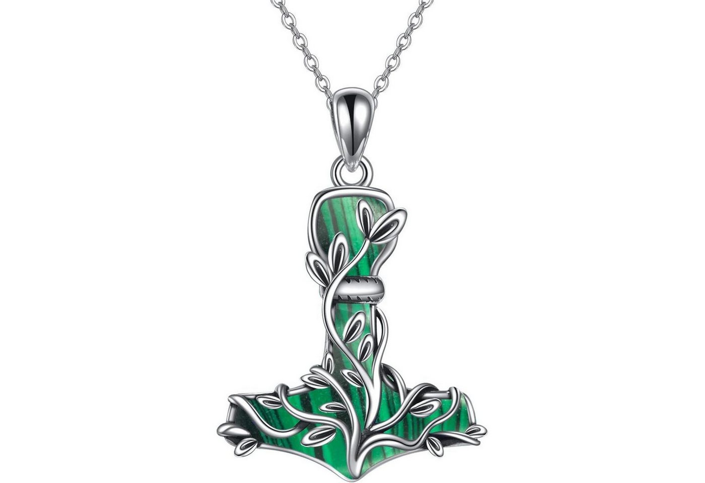 LuxusKollektion Kette und Anhänger Set Halskette Thorhammer Mjolnir Wikinger Lebensbaum silver-Malachit von LuxusKollektion