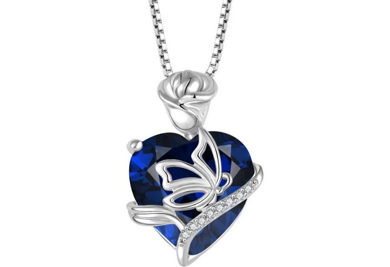 LuxusKollektion Kette und Anhänger Set Herz Geburtsstein Kette Damen 925 Silber Saphir Schmetterling Rose von LuxusKollektion