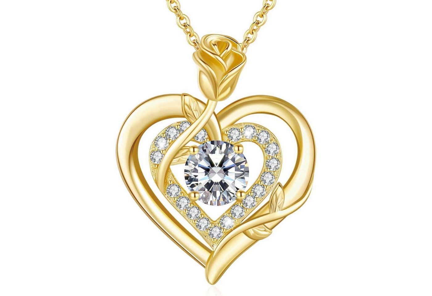 LuxusKollektion Kette und Anhänger Set Kette Moissanite Silber Doppelherz Anhänger Rosegold Golder-04-April von LuxusKollektion