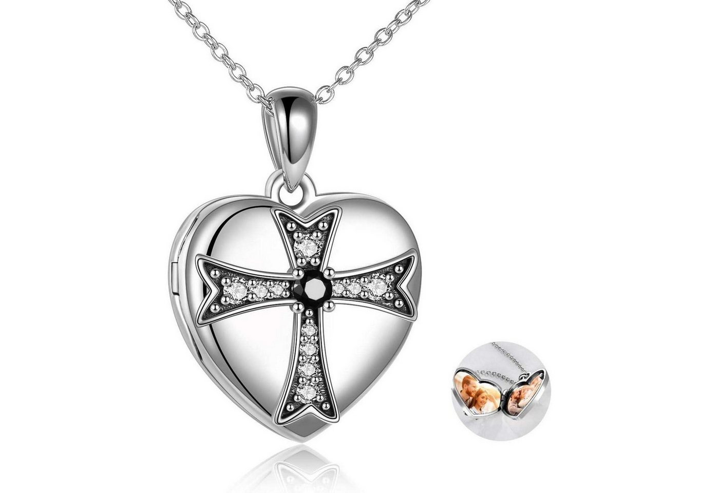 LuxusKollektion Kette und Anhänger Set Medaillon Halskette Herz 925 Sterling Silber Kreuz Zirkonia Foto von LuxusKollektion