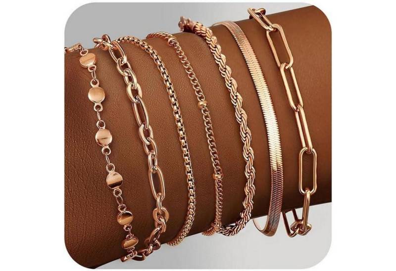 LuxusKollektion Ketten und Armband Set 7-teiliges Damen Armband Set Edelstahl Vergoldet Verstellbar Roségold von LuxusKollektion