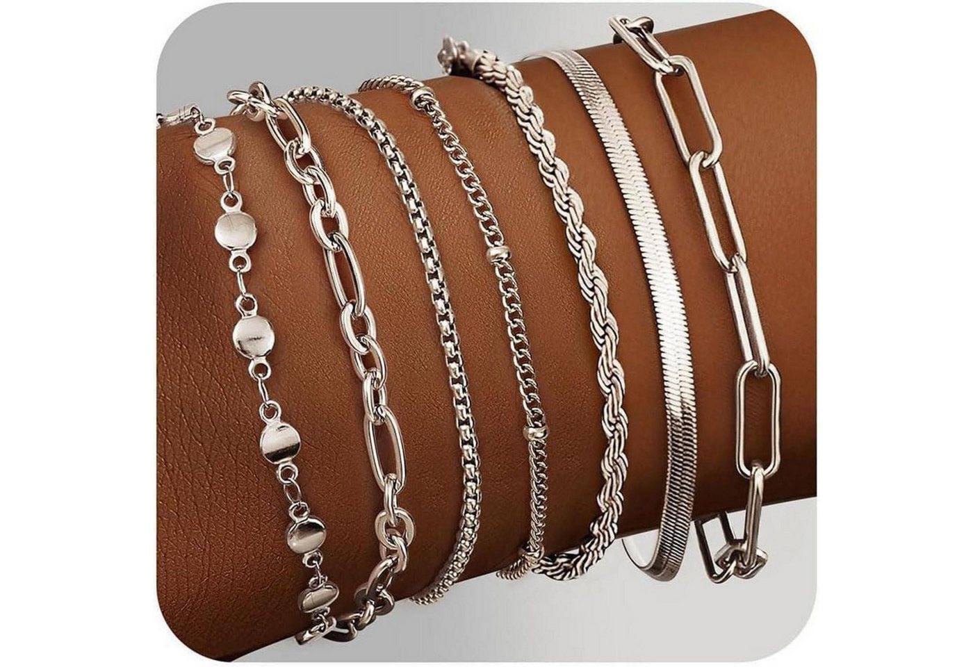 LuxusKollektion Ketten und Armband Set Armband Damen 7er Set Edelstahl 14K Vergoldet Verstellbar Silber von LuxusKollektion