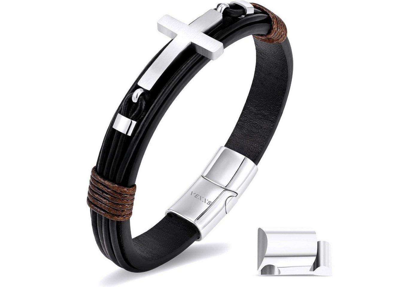 LuxusKollektion Ketten und Armband Set Lederarmband Herren Braun Schwarz Schmuck Kreuz-Silber 19.0 Zentimeter von LuxusKollektion