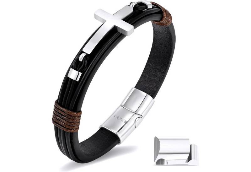 LuxusKollektion Ketten und Armband Set Lederarmband Herren Braun Schwarz Schmuck Kreuz-Silber 19.0 Zentimeter von LuxusKollektion
