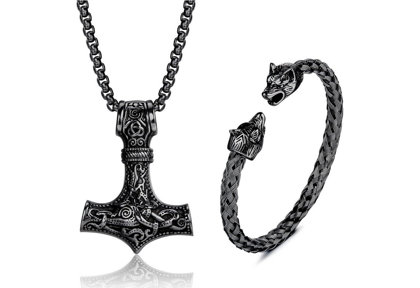 LuxusKollektion Ketten und Armband Set Thors Hammer Halskette Wolfskopf Armband Set Herren Wikinger Schmuck von LuxusKollektion