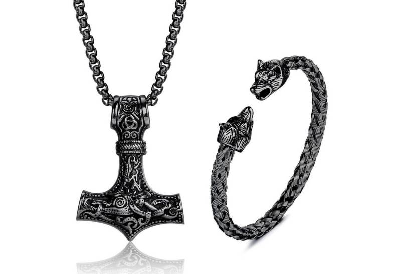 LuxusKollektion Ketten und Armband Set Thors Hammer Halskette Wolfskopf Armband Set Herren Wikinger Schmuck von LuxusKollektion