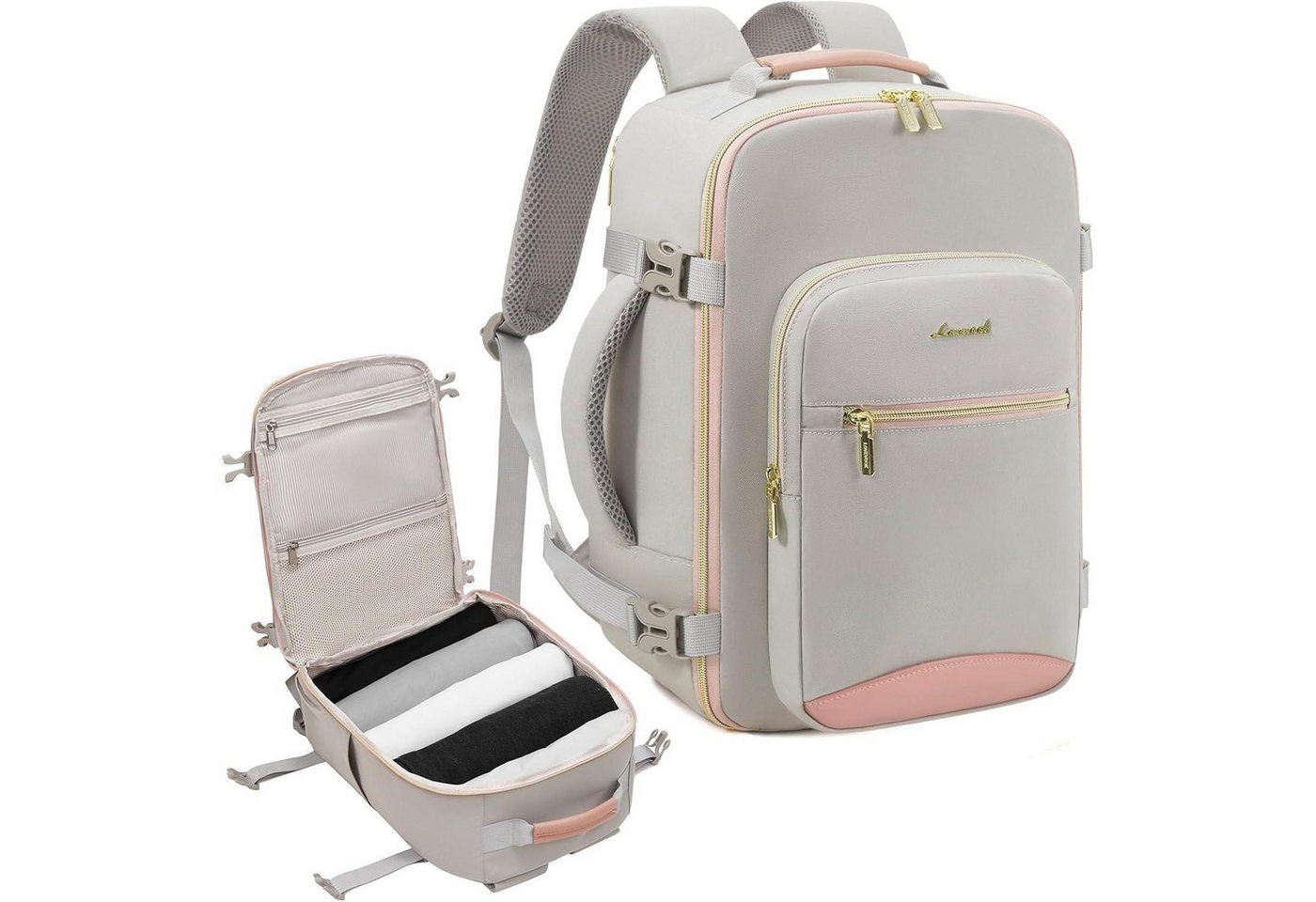 LuxusKollektion Kofferrucksack Handgepäck Rucksack Reiserucksack 45x36x20 Grau+rosa 45x36x20cm von LuxusKollektion