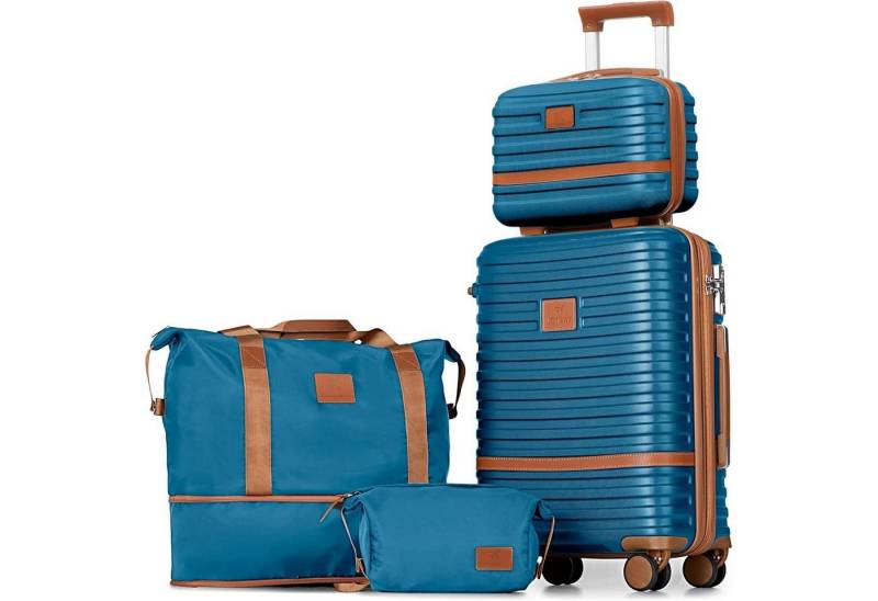 LuxusKollektion Kofferset Kofferset Hartschale 4teilig 4 Rollen Blau Braun Handgepäck-Set 4tlg von LuxusKollektion