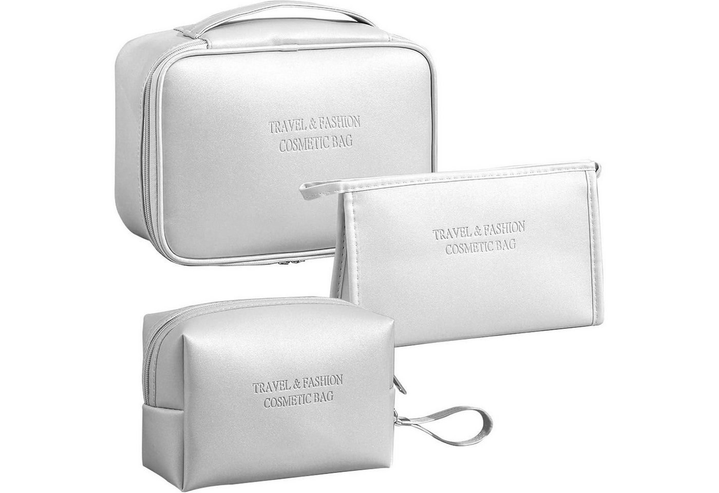 LuxusKollektion Kosmetiktasche Kosmetiktasche 3er Set Damen Reise PU Wasserdicht Schwarz Silber von LuxusKollektion