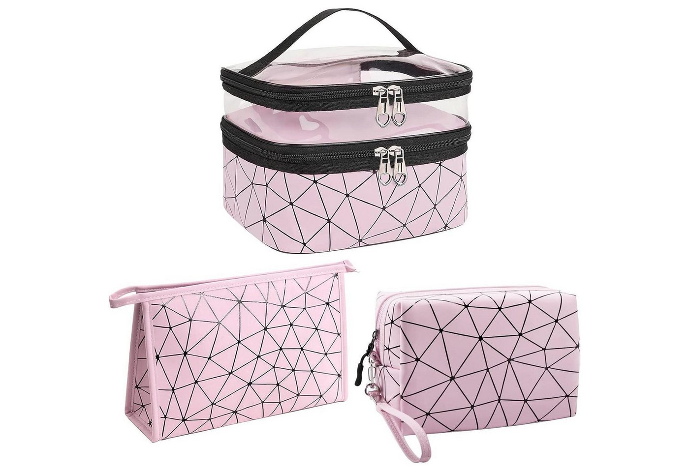 LuxusKollektion Kosmetiktasche Kosmetiktasche Damen Set 3er Transparent Doppellagig Reise Rosa von LuxusKollektion