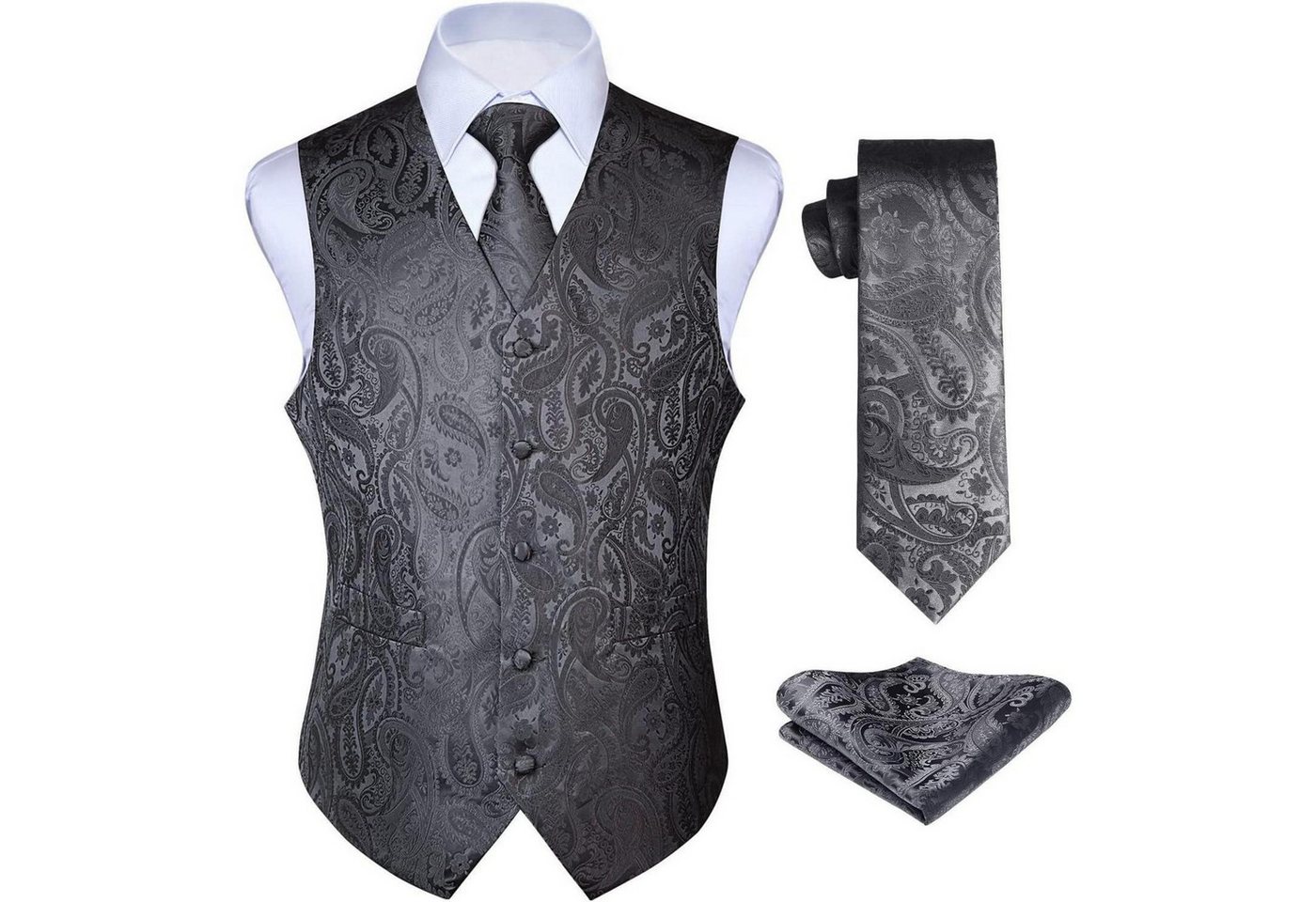 LuxusKollektion Krawatte Anzugweste Herren Hochzeit Paisley Jacquard Krawatte Set Grau 6XL von LuxusKollektion