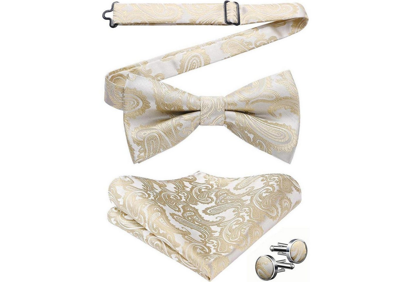 LuxusKollektion Krawatte Fliege Herren Paisley Einstecktuch Manschettenknopf Set A1 Beige von LuxusKollektion