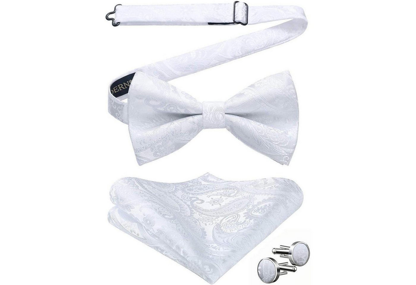 LuxusKollektion Krawatte Fliege Herren Paisley Set Einstecktuch Manschettenknöpfe A1-Weiß von LuxusKollektion