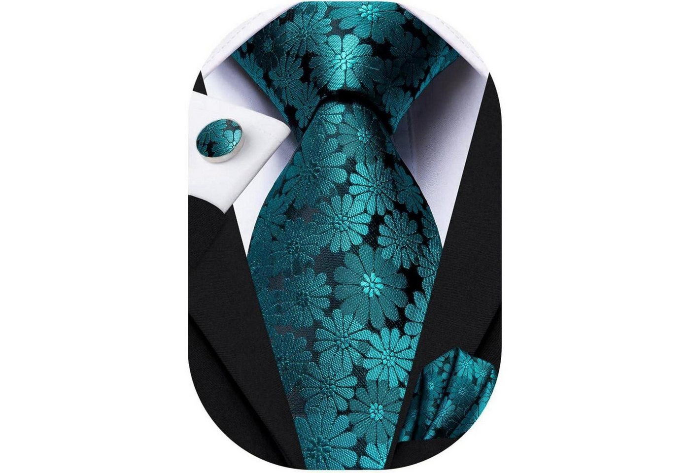 LuxusKollektion Krawatte Krawatte Einstecktuch Set Herren blaugrünes kleines Gänseblümchen von LuxusKollektion