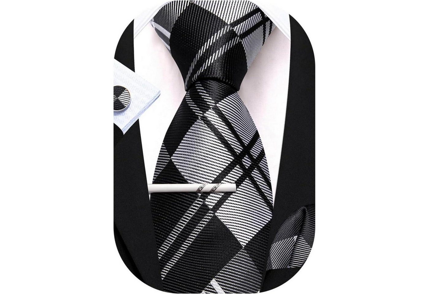 LuxusKollektion Krawatte Krawatte Herren Seide Set Einstecktuch Manschettenknopf schwarz weiß von LuxusKollektion