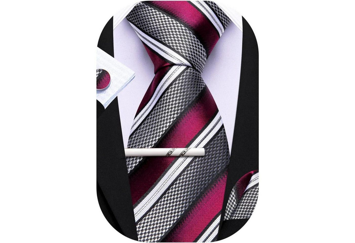 LuxusKollektion Krawatte Krawatte Set Herren Seide Streifen Taschentuch Schwarz und Weiß Rot LuxusKollektion Krawatte Krawatte Set Herren Seide Streifen Taschentuch Schwarz und Weiß Rot von LuxusKollektion