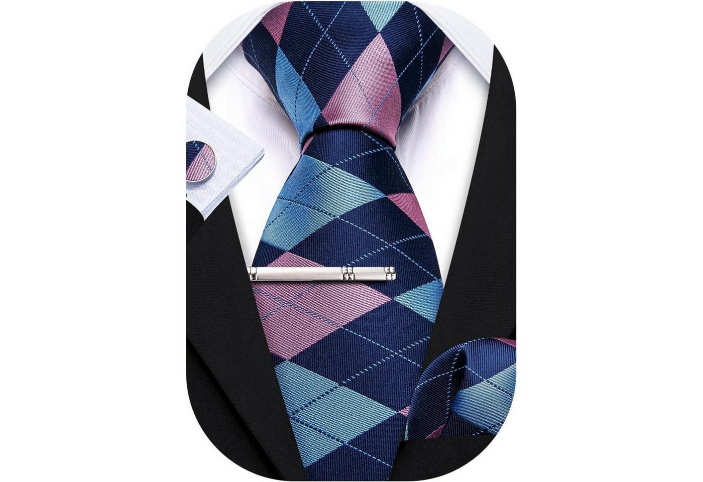 LuxusKollektion Krawatte Krawatte Set Seide floral Manschettenknöpfe Einstecktuch Blaues Gitter von LuxusKollektion