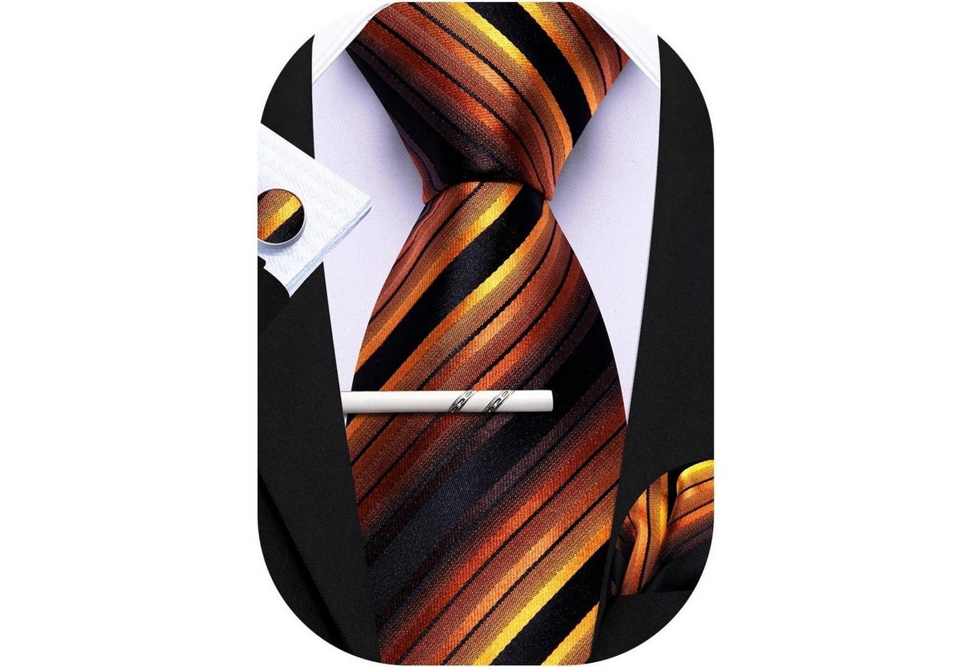 LuxusKollektion Krawatte Krawatten Herren Taschentuch Manschettenknopf Schwarz-Gold-Streifen von LuxusKollektion