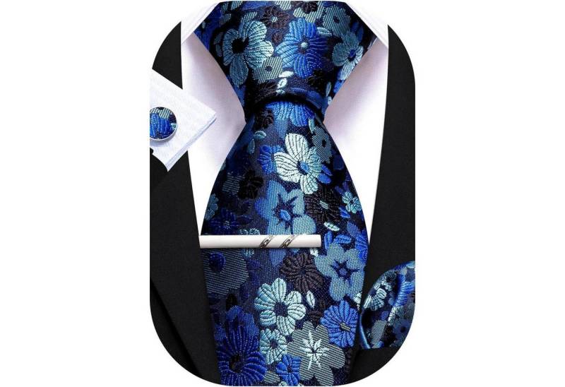 LuxusKollektion Krawatte Krawatten Seide Set Manschettenknöpfe Schwarze und blaue Blume von LuxusKollektion