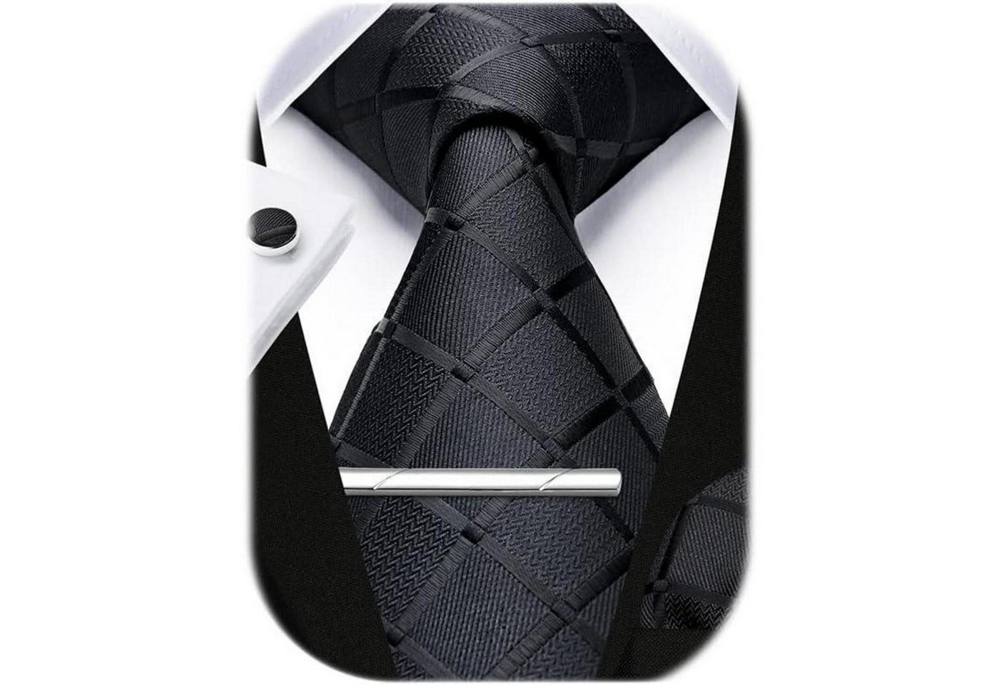 LuxusKollektion Krawatte Krawatten Set Herren Hochzeit Einstecktuch Manschettenknopf Schwarz-1 von LuxusKollektion