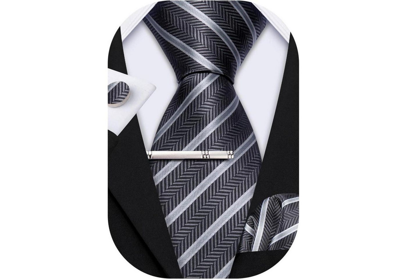 LuxusKollektion Krawatte Krawatten Set Herren Seide Manschettenknopf Taschentuch Grau weiß von LuxusKollektion